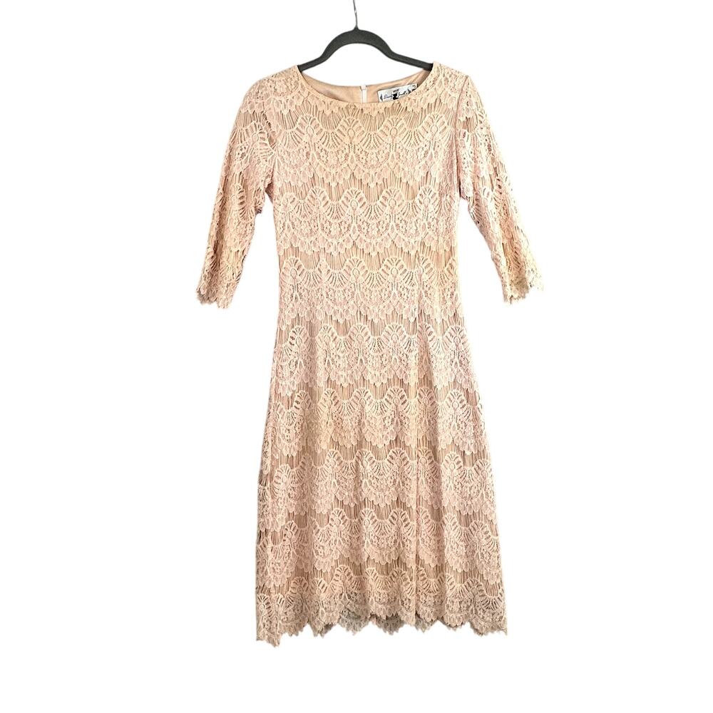 Dainty Jewells Lace Dress Women's Size Small Pink Fitted 3/4 Sleeve Modest VTG